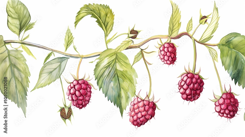 Branch of ripe red raspberries with green leaves. Watercolor botanical illustration isolated on white background. Summer and garden concept for design and print. Branch of ripe red raspberries with green leaves. Watercolor botanical illustration isolated on white background. Summer and garden concept for design and print.