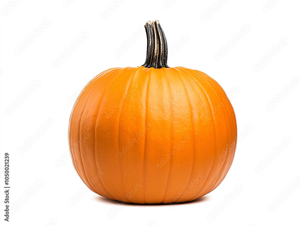 Obraz premium vibrant orange pumpkin with smooth surface and sturdy stem on white background autumn decorations and Halloween festivities. Its round shape and rich color evoke sense of seasonal warmth and joy