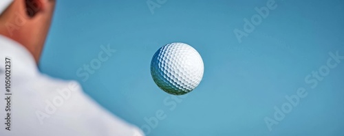 Golf ball flying straight towards the green, clear trajectory, blue sky, professional golfer s focus photo