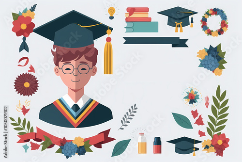 Graduation day concept - boy in graduation cap and education attributes on white background
