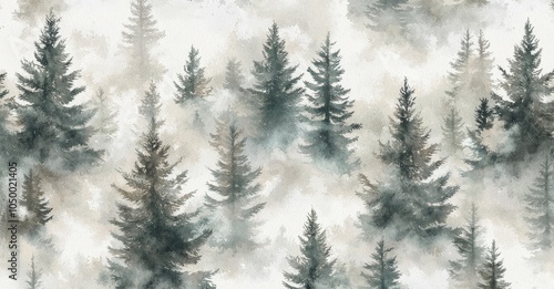 A winter forest, misty landscape, frozen, frozen taiga. Watercolor background.