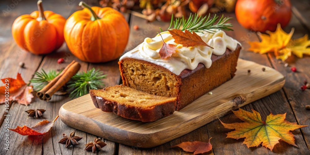 Fototapeta premium A slice of pumpkin loaf cake with white frosting and autumn leaves on a wooden cutting board