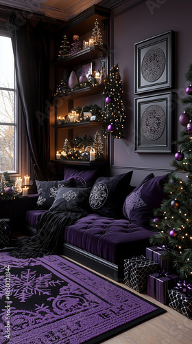 Gothic Christmas room with emo aesthetic in deep tones photo