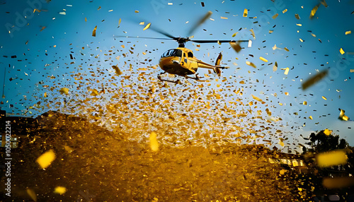 golden confetti falls helicopter celebration successful event bright shiny decorations everywhere surrounding