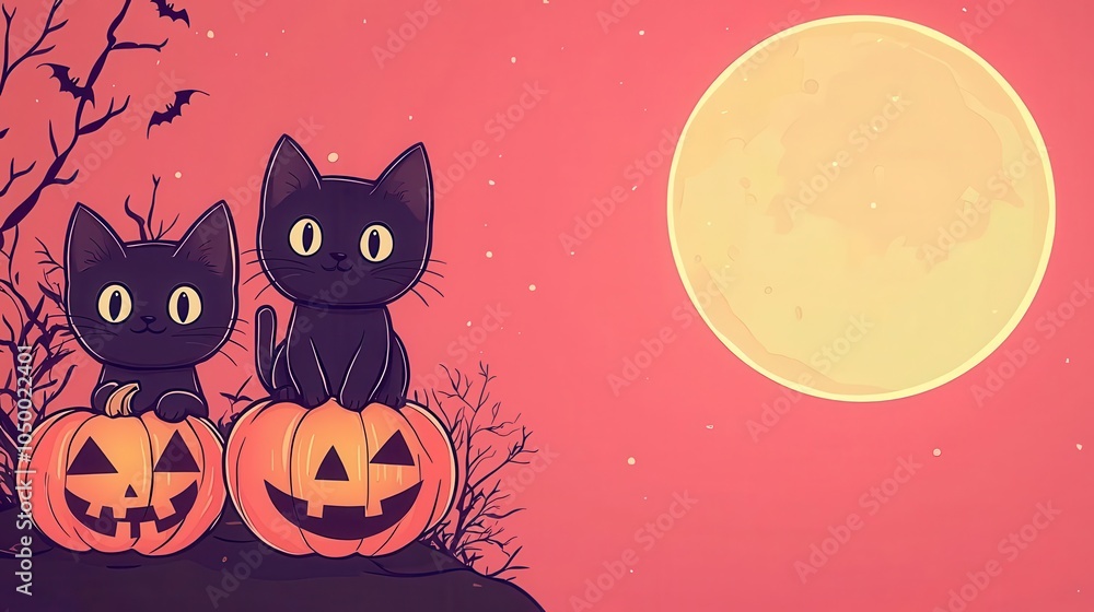 Fototapeta premium Cartoon black cats playing with pumpkins under a full moon, fun and spooky vibe, playful spooky illustration