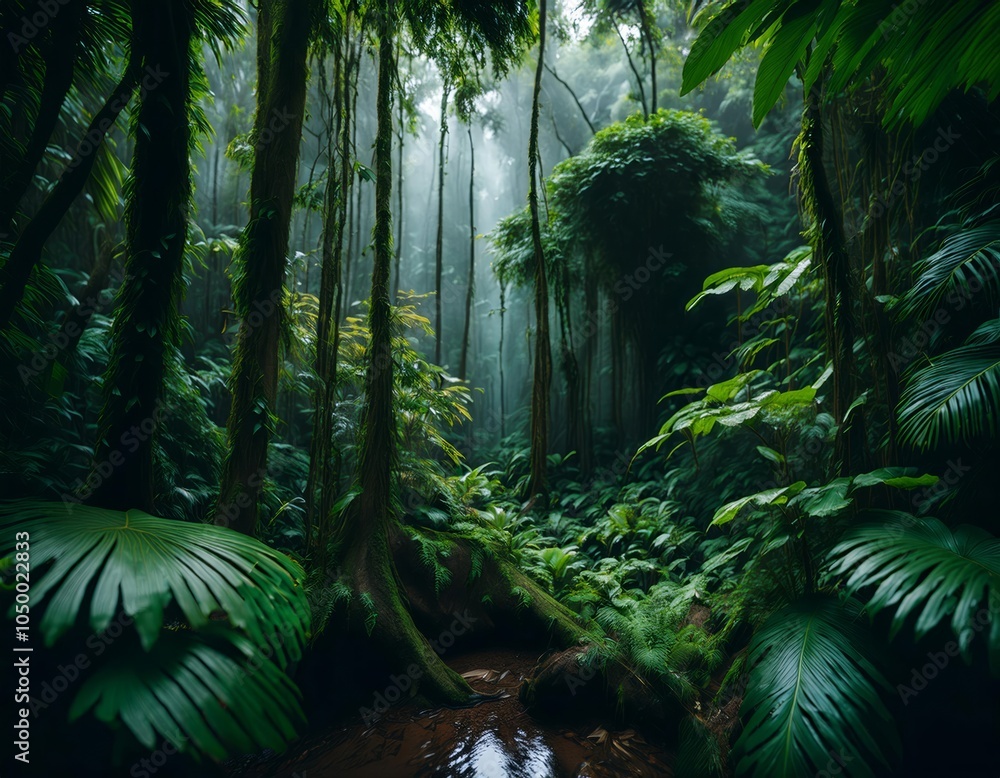A dense, lush rainforest with tall trees, thick foliage A dense, lush rainforest with tall trees, thick foliage