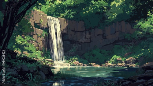 A hidden waterfall tumbling down steep cliffs into a secluded pond, surrounded by dense greenery and the soft sound of water echoing in the air photo