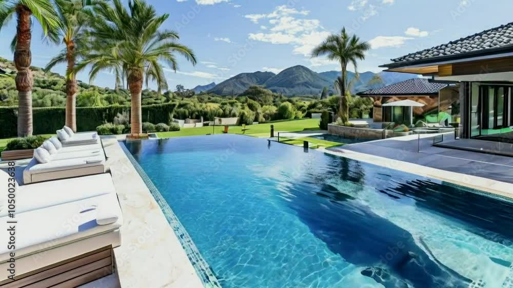 A luxurious outdoor pool with stunning mountain views and palm trees. A luxurious outdoor pool with stunning mountain views and palm trees.