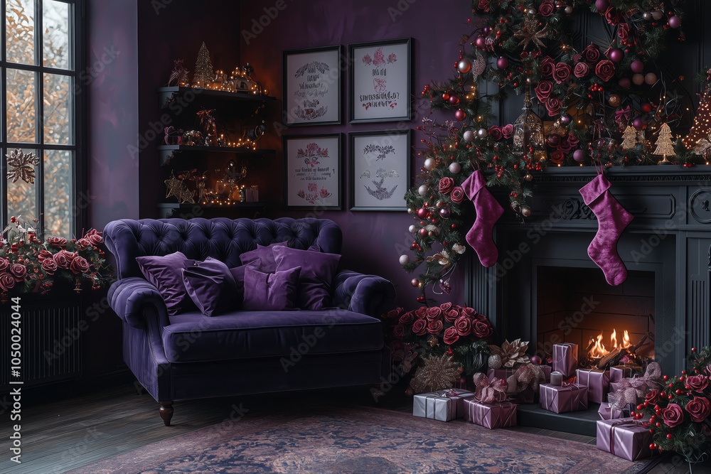 New Year room decor emo style in purple and silver New Year room decor emo style in purple and silver