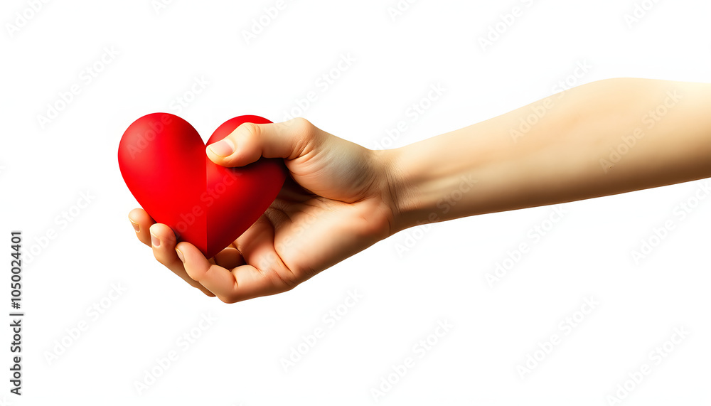 Obraz premium Creative collage of arm hold red heart isolated with white highlights, png