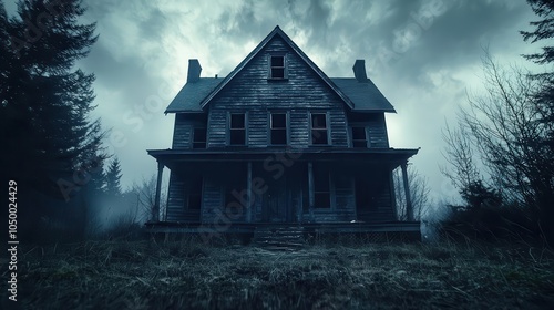 Creepy old house with boardedup windows and broken roof, shadows lurking, spooky abandoned setting, haunted house photo