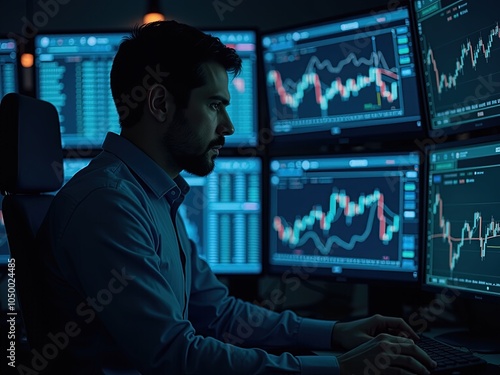 A professional trader in a high-tech trading floor. He is intensely analyzing multiple screens filled with stock charts and financial data. 