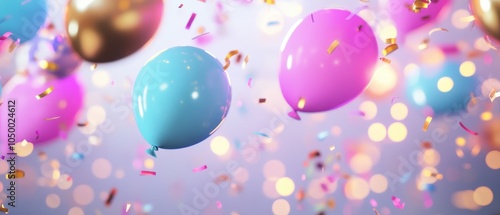 Festive party scene featuring colorful lights, vibrant confetti, and cheerful balloons, creating a joyful atmosphere for celebrations.