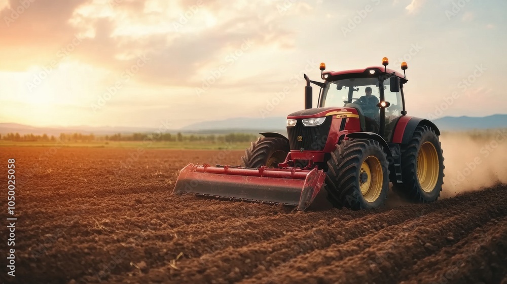 Tractor Plowing Across Freshly Tilled Field at Sunset Tractor Plowing Across Freshly Tilled Field at Sunset