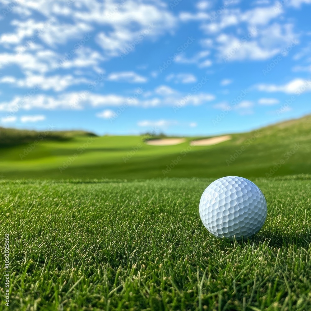 Perfectly aligned tee shot, ball mid-flight, beautiful fairway in the background Perfectly aligned tee shot, ball mid-flight, beautiful fairway in the background