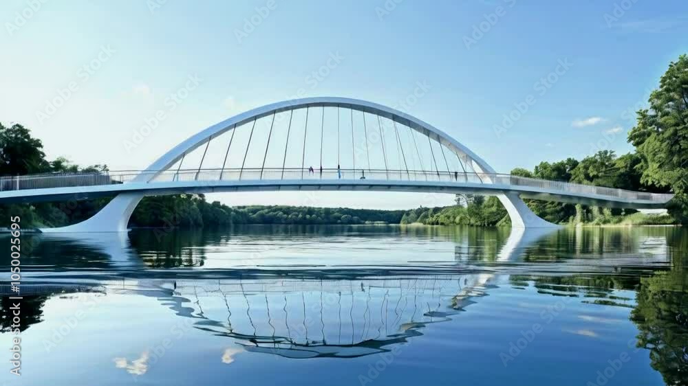 A modern arch bridge spans a serene river, reflecting its structure in calm waters. A modern arch bridge spans a serene river, reflecting its structure in calm waters.