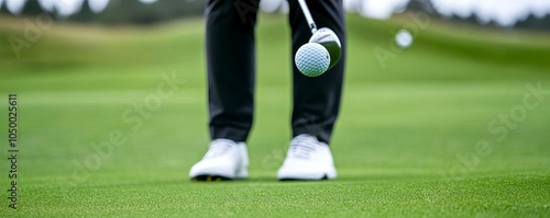 Perfectly aligned chip shot, golfer s stance visible, ball mid-air photo