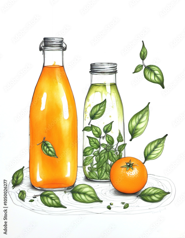 Inky illustration of orange and basil kombucha Inky illustration of orange and basil kombucha