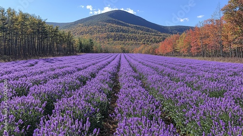 A vibrant lavender field with a mountain backdrop under a clear blue sky.