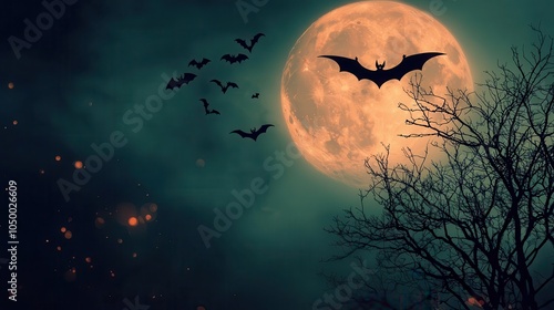 Full moon with a silhouette of a flying witch and bats swirling, eerie Halloween night, magical ambiance photo