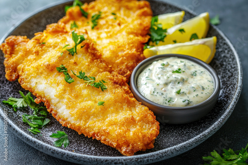 Golden fried fish fillet with a side of tartar sauce photo