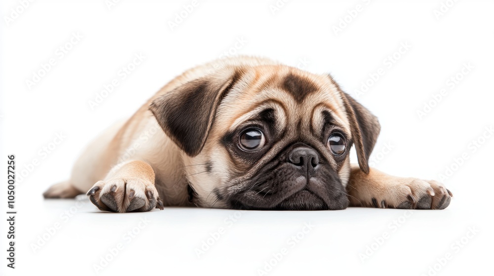 Obraz premium Close-up of a sad pug dog lying down on a white background. Studio pet portrait with copy space.