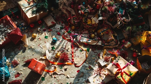 Festive aftermath  a vibrant photo of a messy floor with crumpled paper and tangled ribbons photo