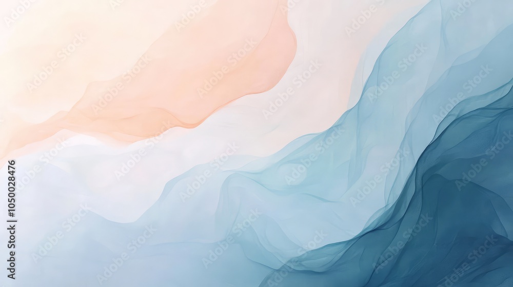 Obraz premium A minimalist abstract painting with soft, flowing gradients of pale blue, light peach, and soft gray, creating a calm and subtle visual effect