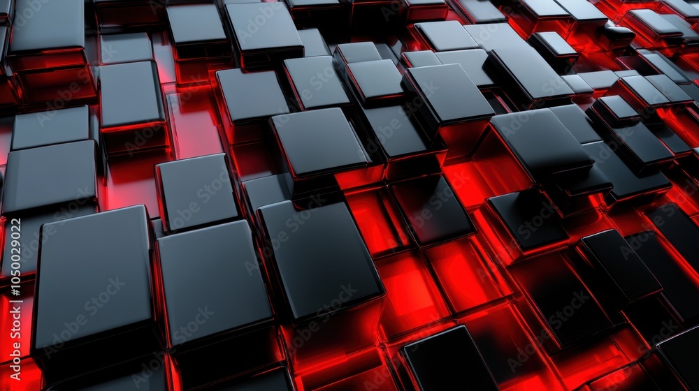 Fototapeta premium Black and red glossy 3D blocks forming a geometric pattern. Abstract digital background