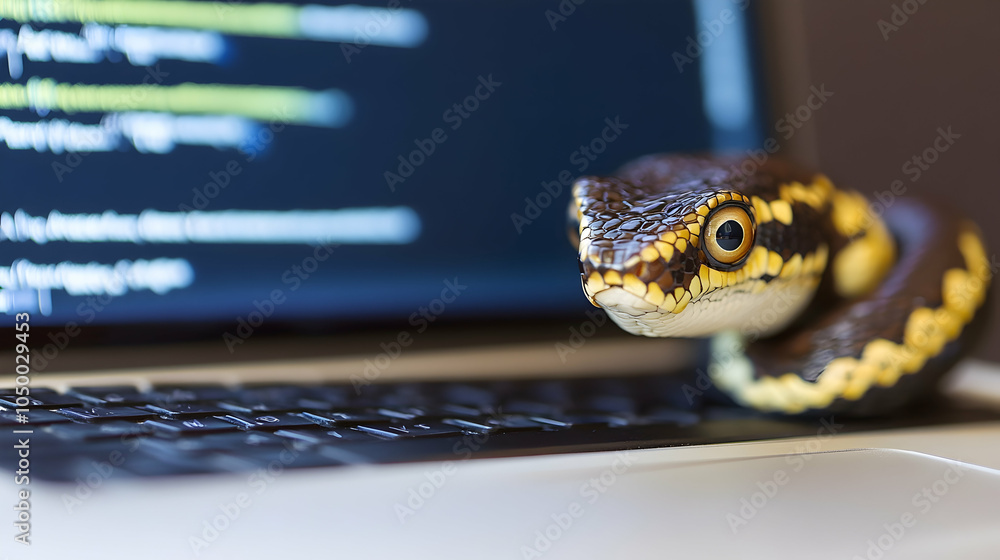 Fototapeta premium Snake on a Laptop, computer, keyboard, technology, reptile, python
