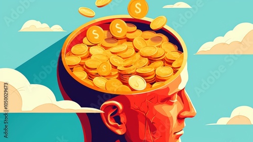 Illustration of head with brain and bright golden elements of money and gold coins. Finance, business and management concept. Problem solving. Finding a way to success.
