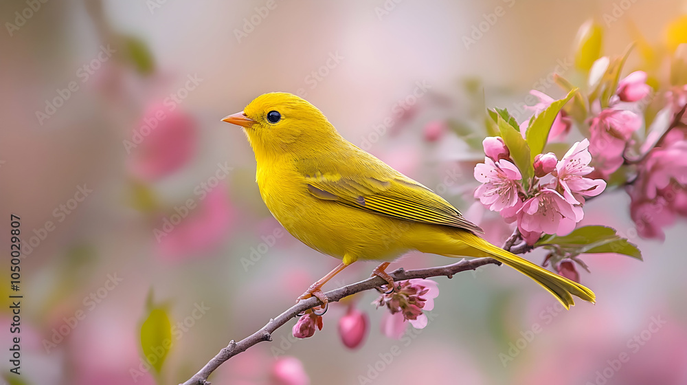 Yellow Bird on a Pink Blossom Branch, bird on a branch, yellow finch, wild bird, spring bird, bird in nature Yellow Bird on a Pink Blossom Branch, bird on a branch, yellow finch, wild bird, spring bird, bird in nature
