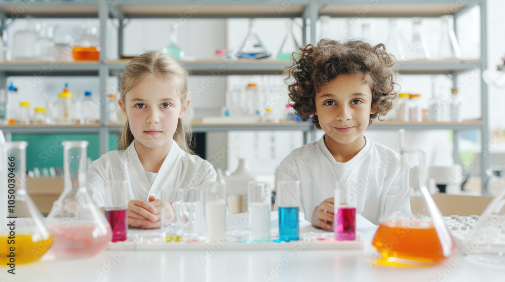 Caucasian and African American student child scientist smiling and ...
