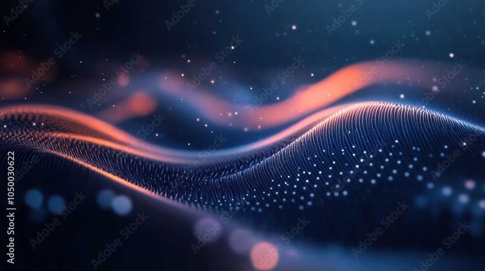 Fototapeta premium 3D render of digital wave with particles on dark background.