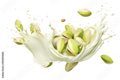 Dynamic visual of creamy milk splashes around vibrant pistachio kernels on transparent background