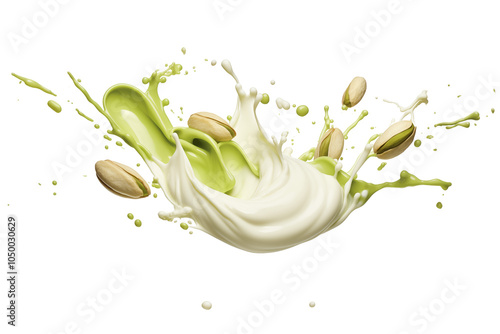 Creamy pistachio milk splash with nut kernels creating dynamic visual effect of vibrant green and white colors of freshness and indulgence for food related themes.