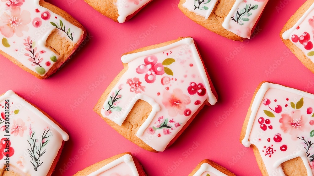 gingerbread house shaped cookies decorated with red berry holy floral print frosting on a red background gingerbread house shaped cookies decorated with red berry holy floral print frosting on a red background