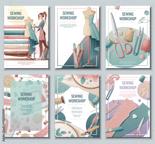 Set of flyer templates with sewing supplies. Banner with a girl creating clothes on a mannequin. Background, poster for a sewing workshop, atelier, tailoring courses, tailoring.