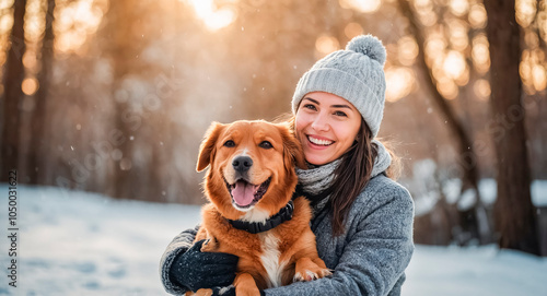 Smiling woman and dog walking in winter photo