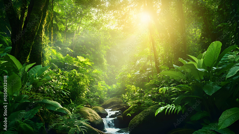 Fototapeta premium Sunlit Jungle Stream, rainforest, tropical, river, creek, water