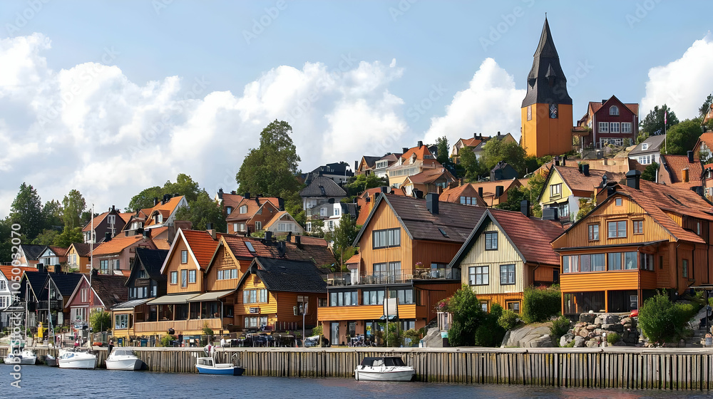 Obraz premium Colorful Waterfront Town with Church Spire, cityscape, colorful houses, harbor, boats, sea