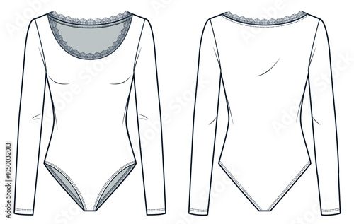  Long Sleeve Bodysuit technical fashion illustration. Bodysuit with Lace trim fashion flat technical drawing template, low cut, lace, slim fit, front and back view, white, women CAD mockup.