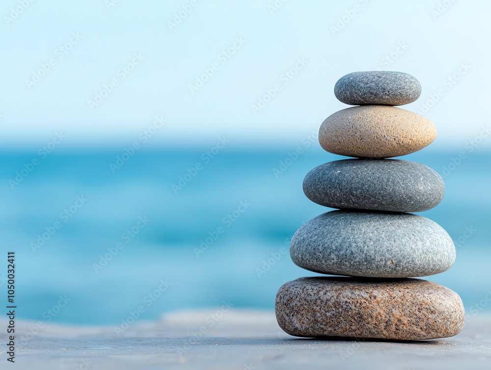 A serene stack of smooth stones balanced on a surface, with a tranquil blue ocean in the background, symbolizing calmness and harmony. A serene stack of smooth stones balanced on a surface, with a tranquil blue ocean in the background, symbolizing calmness and harmony.