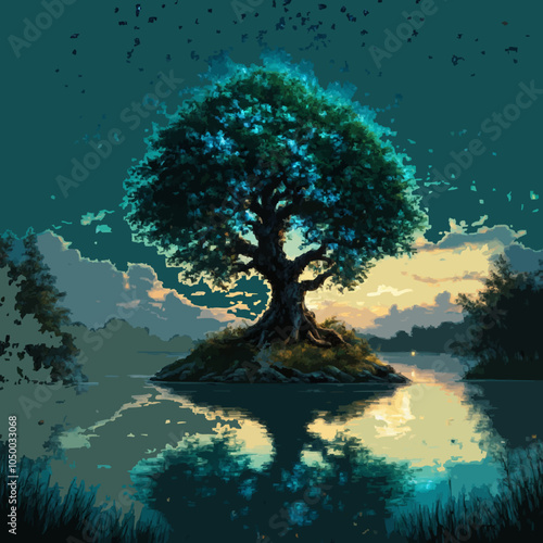 Lone tree on a small island in the middle of the lake.