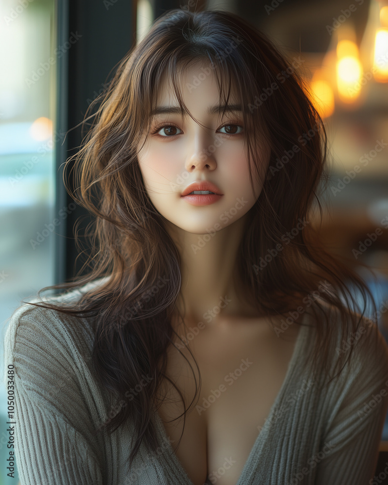 Naklejka premium 美女, 女性, 美しい, 顔, モデル, 日本, 韓国, 中国, アジア, カフェ, ファッション