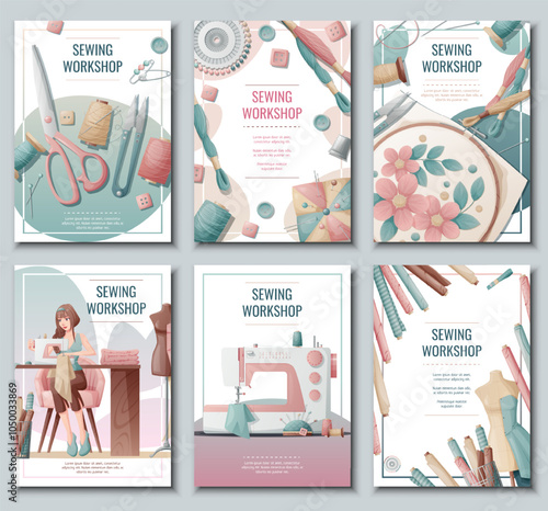 Set of flyer templates with sewing supplies. Banner, poster with a girl creating clothes on a sewing machine. Background for a sewing workshop, atelier, tailoring courses, tailoring.