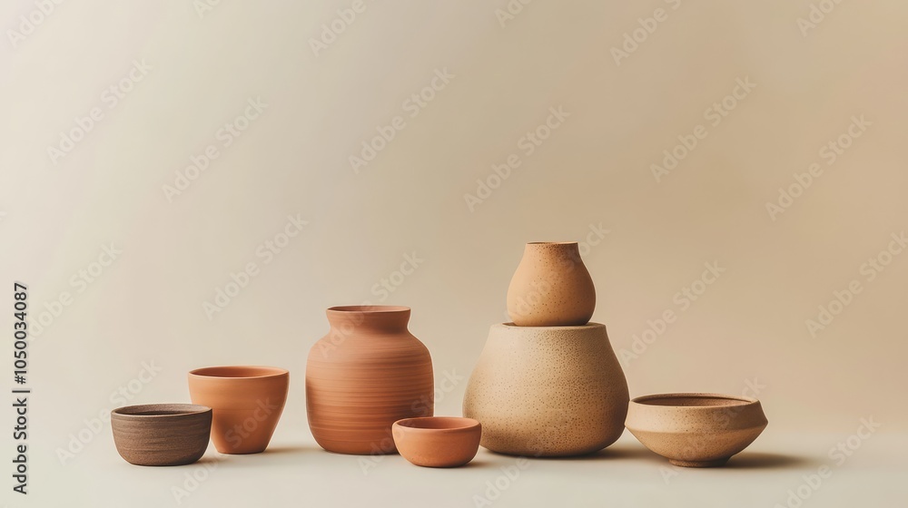 A minimalist still life with earthy-toned ceramics in shades of terracotta, ochre, and deep brown, arranged against a soft beige background A minimalist still life with earthy-toned ceramics in shades of terracotta, ochre, and deep brown, arranged against a soft beige background