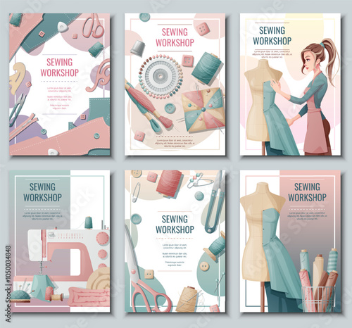 Set of flyer templates with sewing supplies. Banner with a girl creating clothes on a mannequin. Background, poster for a sewing workshop, atelier, tailoring courses, tailoring.