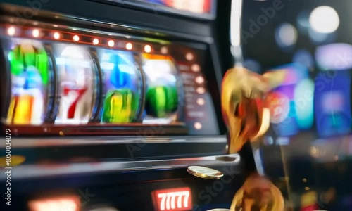 Slot machine with three sevens and gold coins. photo