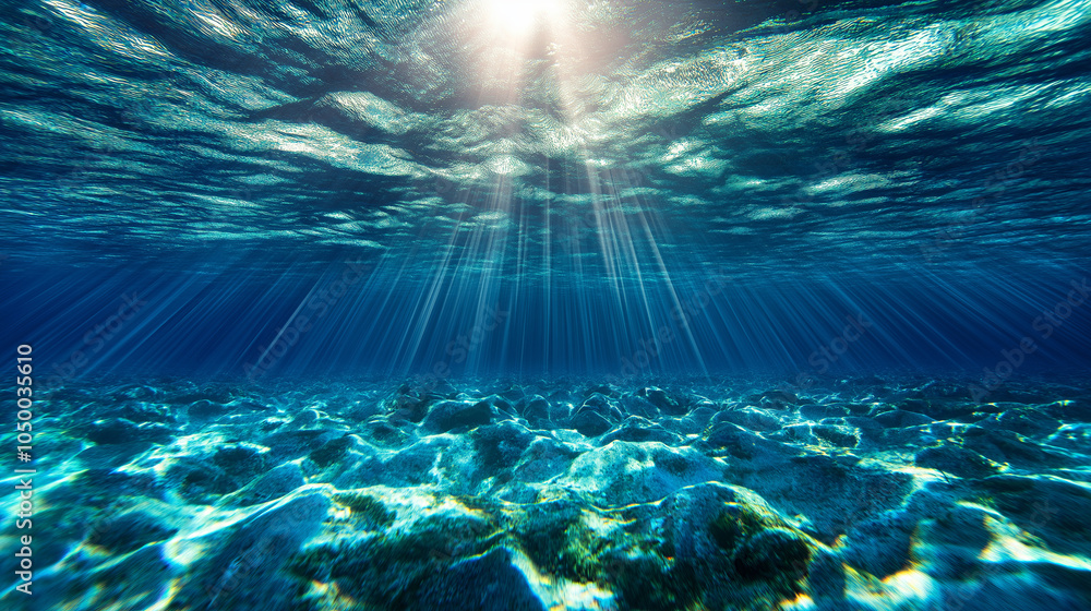 Rays of sunlight piercing through the deep blue ocean, illuminating the water below in a magical display of light and shadow Rays of sunlight piercing through the deep blue ocean, illuminating the water below in a magical display of light and shadow